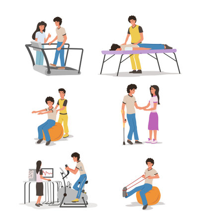 Medical rehabilitation set isometric vector patient treatment physical injury disabilityのイラスト素材