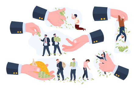 Tiny people in debt huge business male hand giving money banking financial loan set vectorのイラスト素材