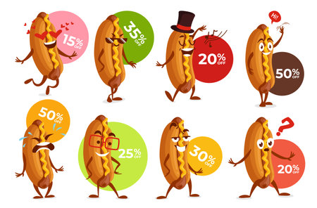 Hot dog character fast food mascot sale discount special offer set vector illustrationのイラスト素材