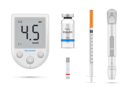 Diabetes equipment insulin syringe blood glucose sugar level testing meter set realistic vectorのイラスト素材