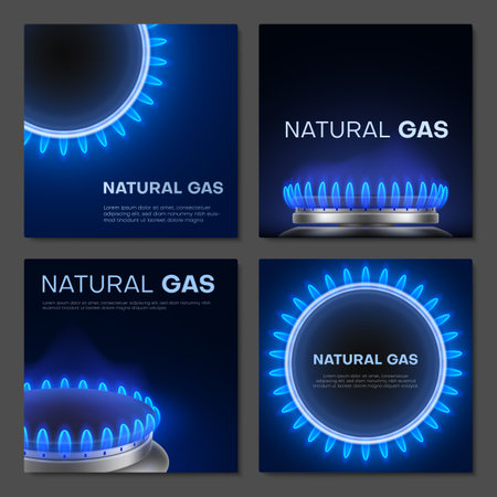 Natural gas circle burning flame fuel blaze heat power energy poster set realistic vectorのイラスト素材