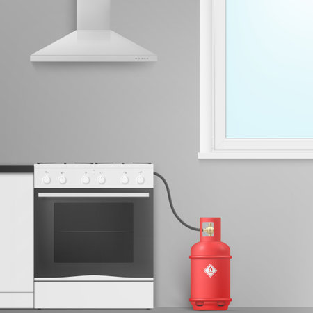 Gas red cylinder connected to stove pipe at kitchen realistic vector container of butaneのイラスト素材