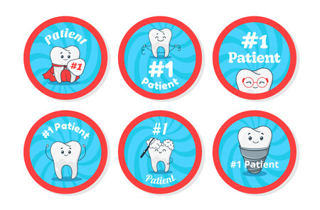 Dentistry clinic 1 patient reward with funny teeth character circle badges set vector illustrationのイラスト素材