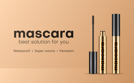 Mascara in golden tube container brush promo banner realistic vector illustrationのイラスト素材