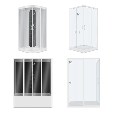 Shower cabins different size shape modern bathroom furniture set realistic vector illustrationのイラスト素材