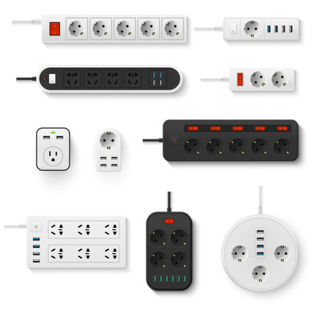 Electrical extension cord and adapter set realistic vector electricity appliance device connectionのイラスト素材