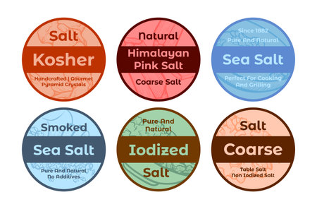 Sea salt circle emblem set vector flat natural pure crystal ingredient for cooking seasoningsのイラスト素材