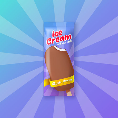 Popsicle purple package comic exploding beams striped banner realistic vector illustrationのイラスト素材