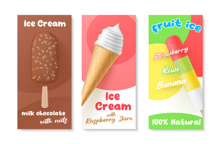 Ice cream sweet delicious summer dessert advertising poster set vector illustration dairy treat menuのイラスト素材
