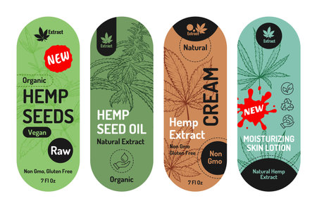 Hemp seeds organic oil natural extract moisturizing skin lotion line label sticker set vectorのイラスト素材