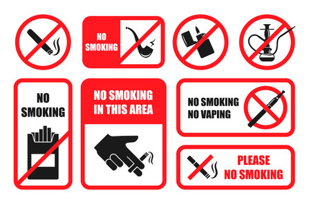 No smoking vaping zone forbidden monochrome symbols red frame set realistic vector illustrationのイラスト素材