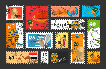 Egypt vintage mail post stamp set vector flat illustration. Letter parcel delivery postage markのイラスト素材