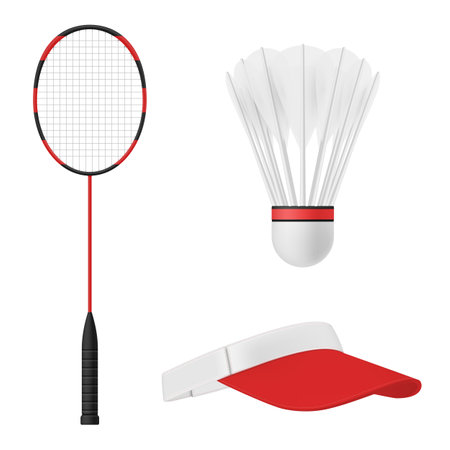 Badminton tennis equipment set realistic vector fitness baseball racket feather shuttlecockのイラスト素材