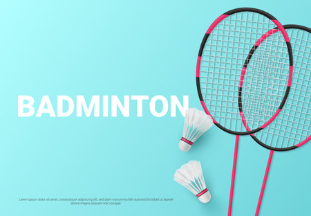 Badminton banner racket shuttlecock sport competition tournament realistic vector illustrationのイラスト素材