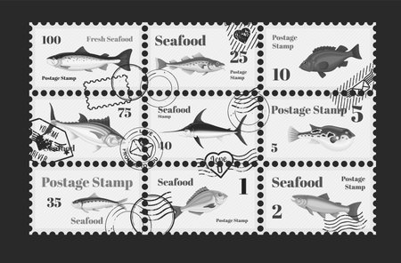 Seafood postage stamp black and white postal paper antique aquatic vintage mail letter set vector