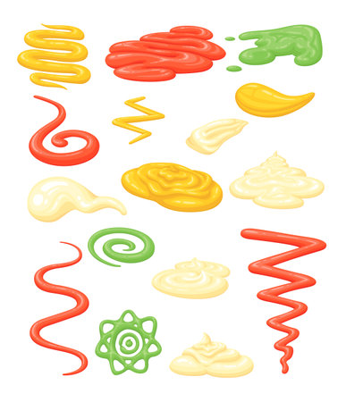 Sauce splash mustard ketchup wasabi mayonnaise dropped different shape set vector flat illustrationのイラスト素材