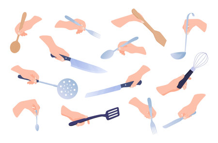 Kitchen accessories male female hands cooking food preparation vector isometric illustrationのイラスト素材