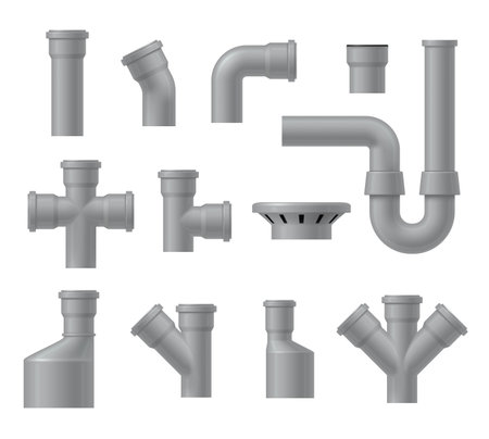 Plastic waste pipes industrial pipeline tubes plumbing pressure system set realistic vectorのイラスト素材