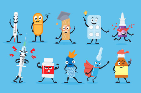 Medical pills drugs antibiotic supply characters emoji set vector flat pharmacy medicine mascotのイラスト素材