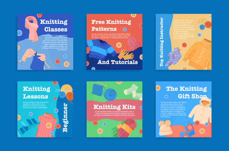 Knitting lessons free patterns and tutorials poster set vector illustrationのイラスト素材