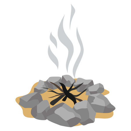Extinct campfire smoke sand stones warm fireplace isometric vector illustration fire wood branchesのイラスト素材