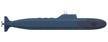 Submarine dark blue gray nautical military vehicle side view isometric vector illustrationのイラスト素材