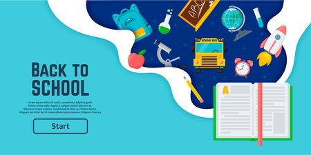 Back to school internet banner landing page isometric design template start button vectorのイラスト素材
