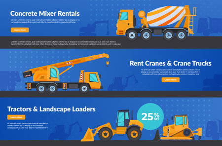 Concrete mixer rentals crane and truck tractor landscape loader landing page set vector isometricのイラスト素材