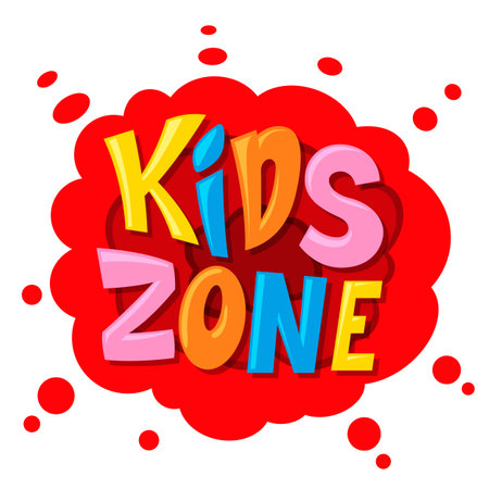 Kids zone sign red bubble with splash child entertainment badge vector flat illustrationのイラスト素材