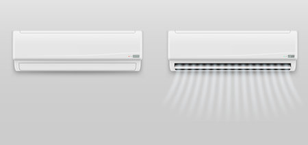 Air conditioner with cold hot wind waves off and on regime conditioning system set realistic vectorのイラスト素材