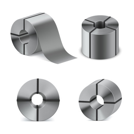 Roll of steel sheets industrial manufacturing production heavy metallurgical set realistic vectorのイラスト素材