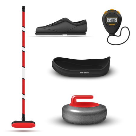Curling equipment set boot brush stopwatch anti slider sole stone weight realistic vectorのイラスト素材