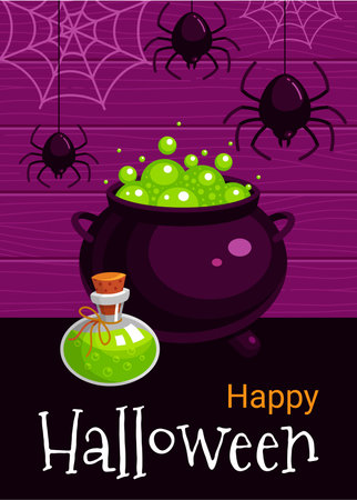 Happy Halloween green boiled potion in pot spiders with net poster isometric design template vectorのイラスト素材