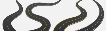 Winding curved road white yellow mark dotted line set realistic vector illustrationのイラスト素材