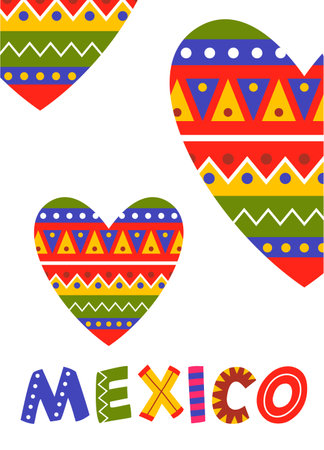 Love Mexico poster heart traditional carnival festive geometric ornament design vector flatのイラスト素材