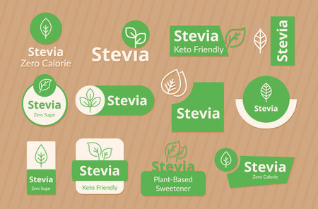 Stevia leaf keto friendly zero sugar healthy food cooking ingredient line icon label set vectorのイラスト素材