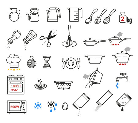 Cooking food preparation line icon instruction sign set vector illustration recipe book meal prepareのイラスト素材