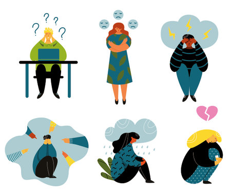 People at depression condition unhappy sad with bad mood psychological problem set vector flatのイラスト素材