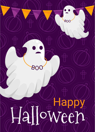 Happy Halloween party poster with flying ghosts and pennant flags purple design vector flatのイラスト素材