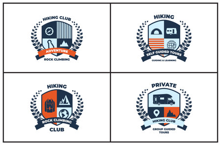 Hiking club crest extreme adventure badges with shield laurel wreath set vector illustrationのイラスト素材