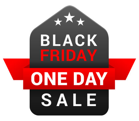 Black friday sale one day tag isometric badge with red ribbon stars design vector illustrationのイラスト素材