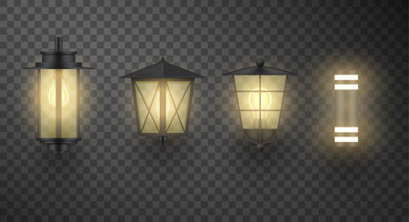 Street wall lights different shape outdoor garden illuminated lamps set realistic vectorのイラスト素材