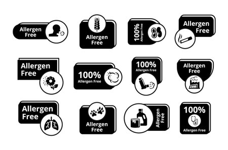 Allergen free black monochrome isometric badge set vector illustration. No allergy healthy iconのイラスト素材