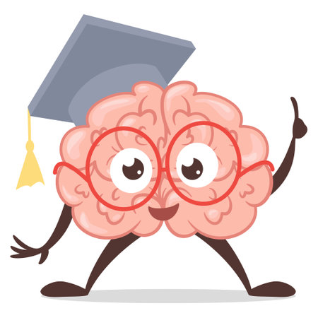 Smart brain character in academic hat innovation idea gesture genius intellect isometric vectorのイラスト素材