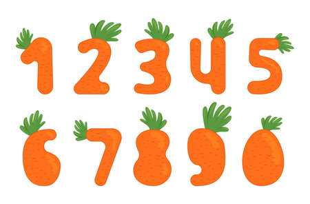 Carrot numbers with green herbs bright orange font for childish counting learning vector flatのイラスト素材