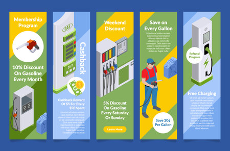 Gasoline discount membership program free charging poster landing page set vector illustrationのイラスト素材