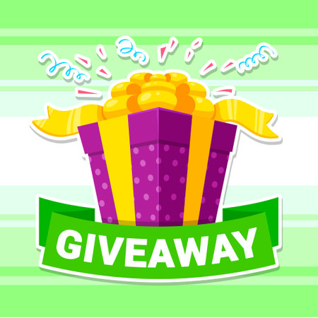 Giveaway vivid banner festive gift box with bow ribbon confetti promo poster isometric vectorのイラスト素材