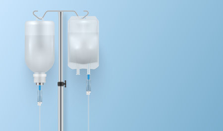 Medical droppers system with bag on tube blue banner with copy space realistic vector illustrationのイラスト素材