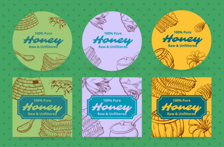 Natural honey labels pure raw unfiltered organic beekeeping product pack sticker template set vectorのイラスト素材