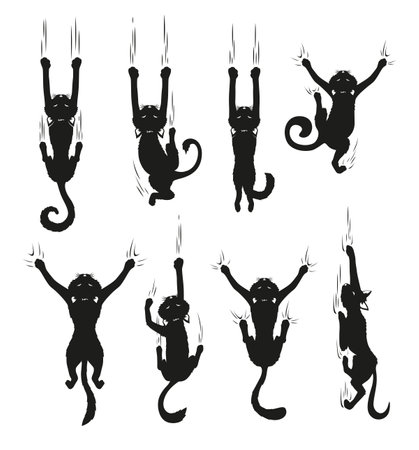 Black cat scratching wall climbing feline silhouette with scratches set vector flat illustrationのイラスト素材